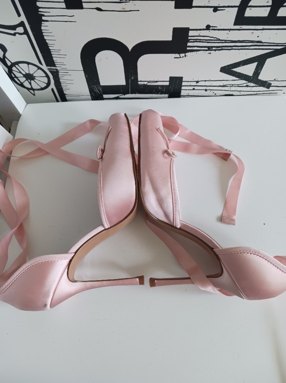 Steve Madden Blush Pink Satin Ankle Tie Ballet Heels Size 7.5 - Picture 10 of 13